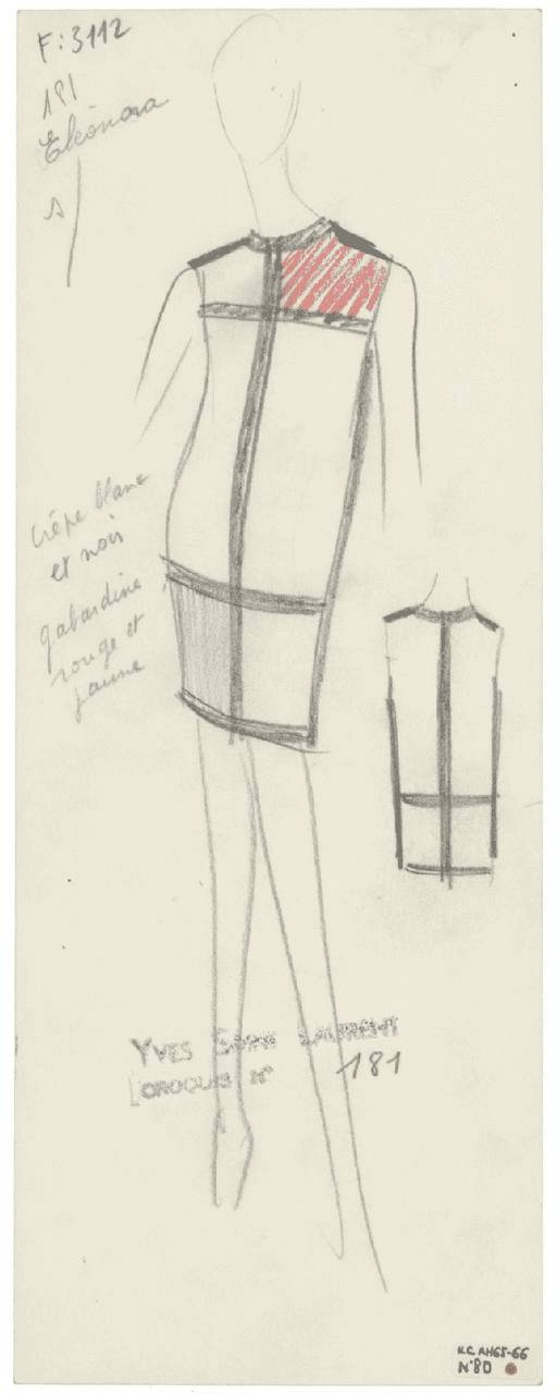 Оригінальний ескіз коктейльної сукні Yves Saint Laurent, колекція осінь-зима 1965