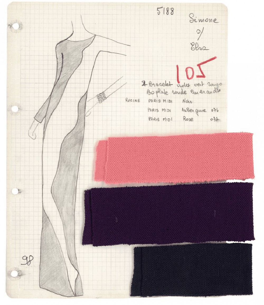 Ескіз і специфікація для вечірньої сукні Yves Saint Laurent, колекція осінь-зима 1966